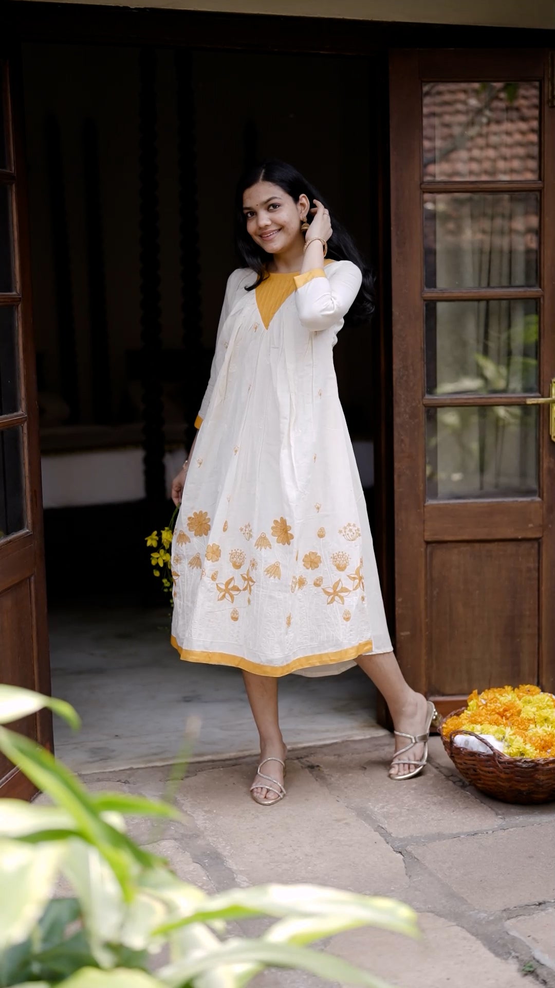 Sunshine Blossom Palazzo in Ivory White & Mustard Yellow [AD76]