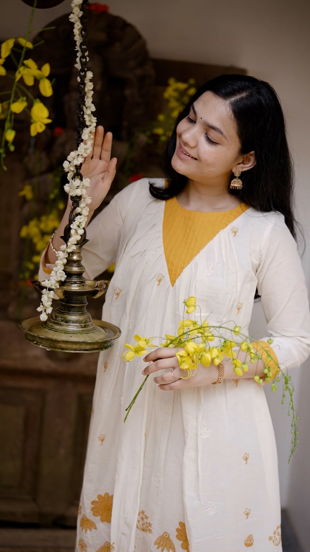 Sunshine Blossom Palazzo in Ivory White & Mustard Yellow [AD76]