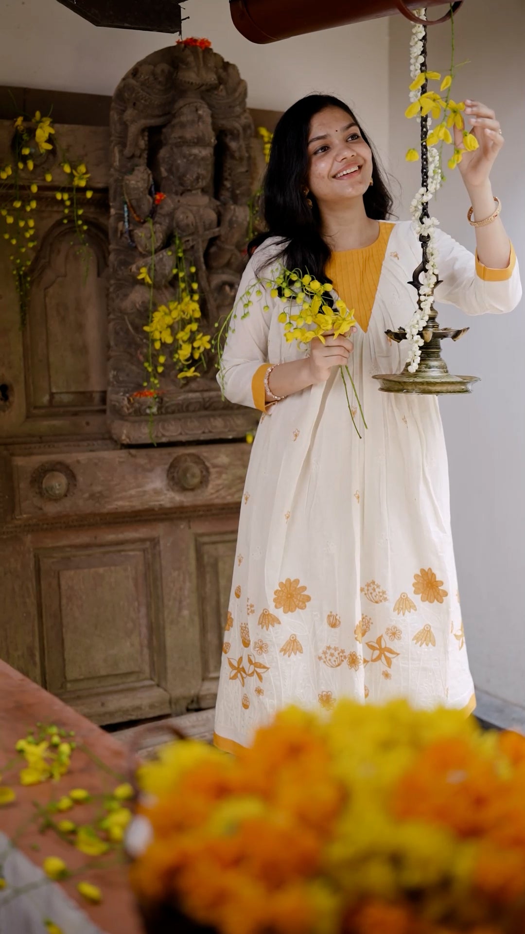 Sunshine Blossom Palazzo in Ivory White & Mustard Yellow [AD76]