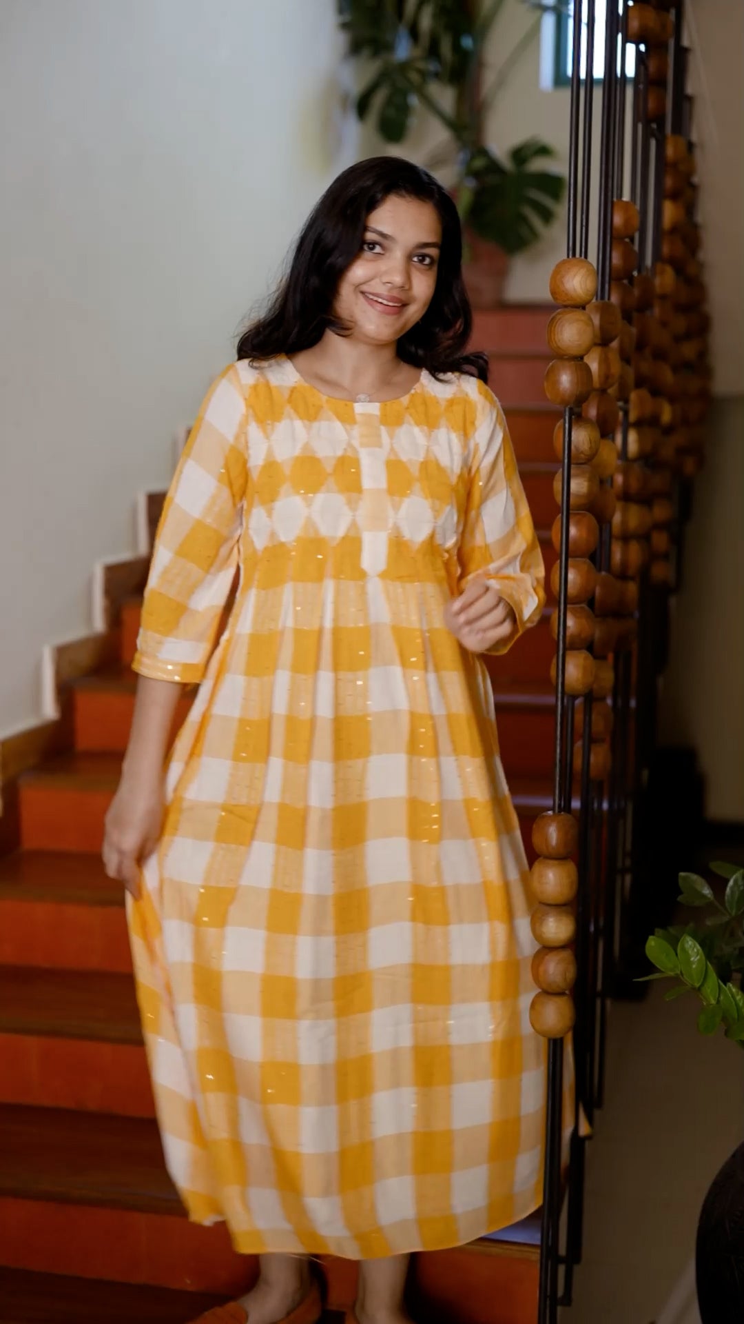 Cotton Yarn-Dyed Yellow Check Kurthi [ZD01]