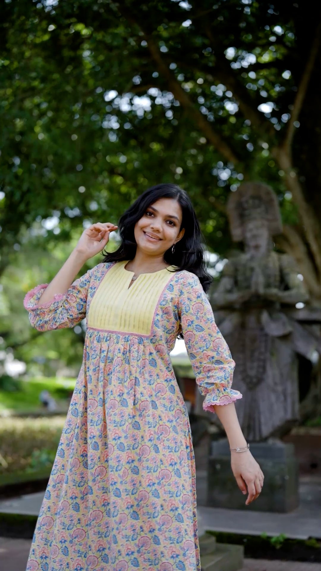 Premium Floral Printed Cotton Kurthi with Pleated Front Detailing [ZD16]