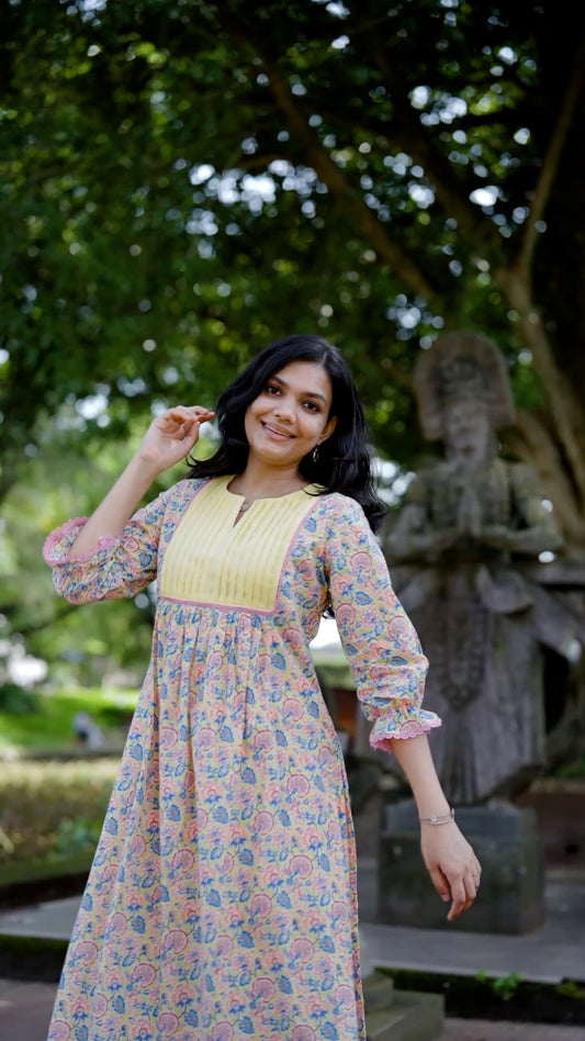 Premium Floral Printed Cotton Kurthi with Pleated Front Detailing [ZD16]