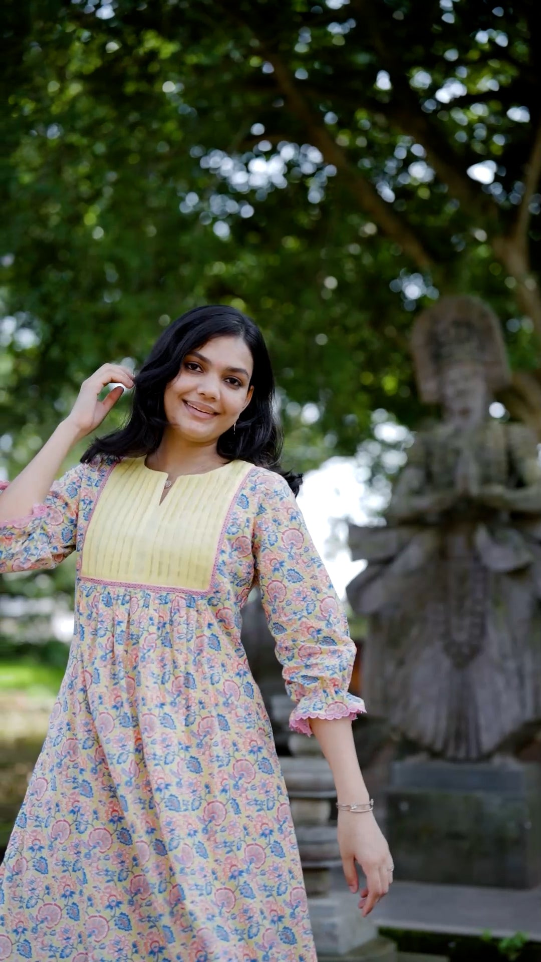 Premium Floral Printed Cotton Kurthi with Pleated Front Detailing [ZD16]