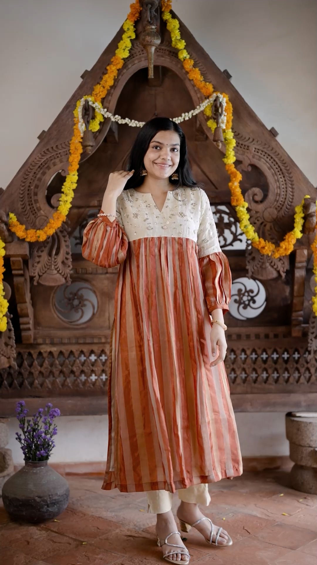 Gold Embroidered Cream & Rust Kurthi [ANO1]