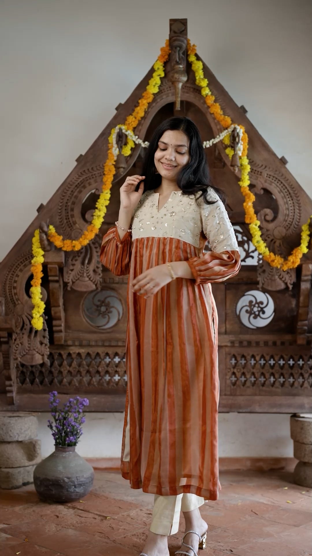 Gold Embroidered Cream & Rust Palazzo set AN01