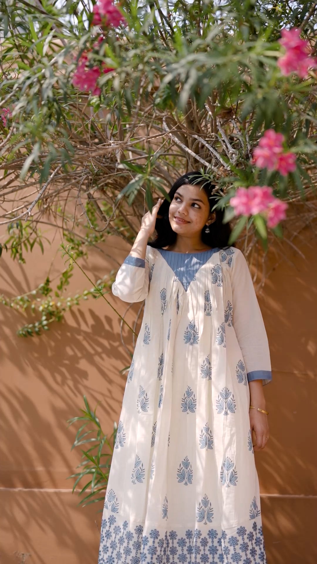 White & Blue Block Print Cotton Kurthi