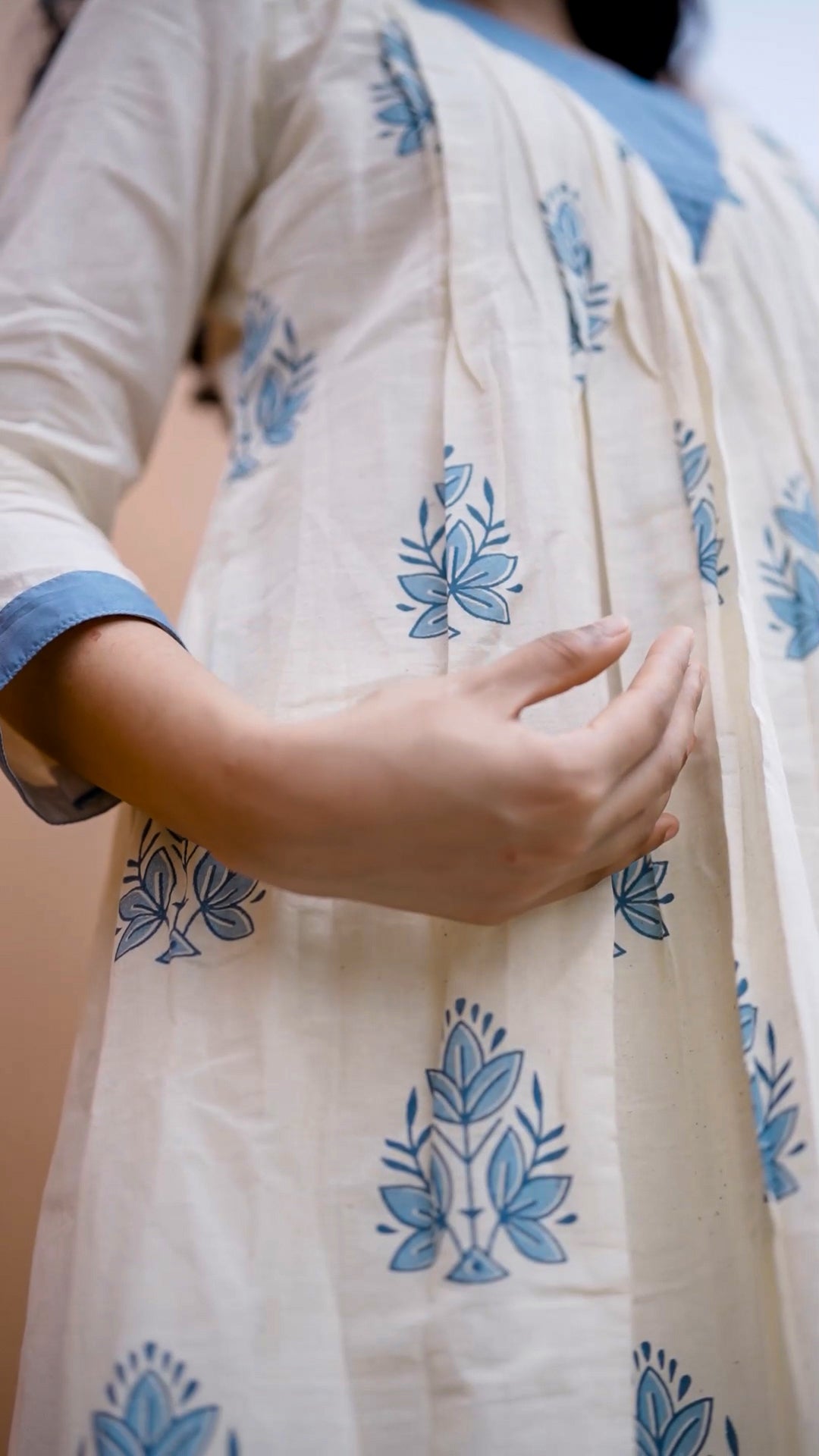 White & Blue Block Print Cotton Kurthi