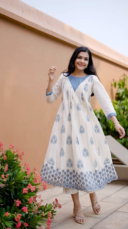 White &  Blue Block Print Cotton Palazzo Set