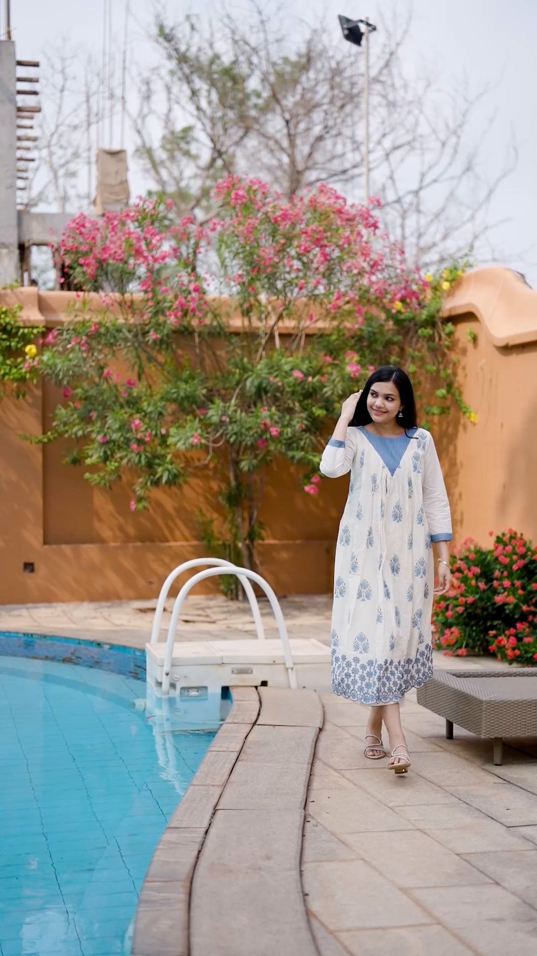 White &  Blue Block Print Cotton Palazzo Set