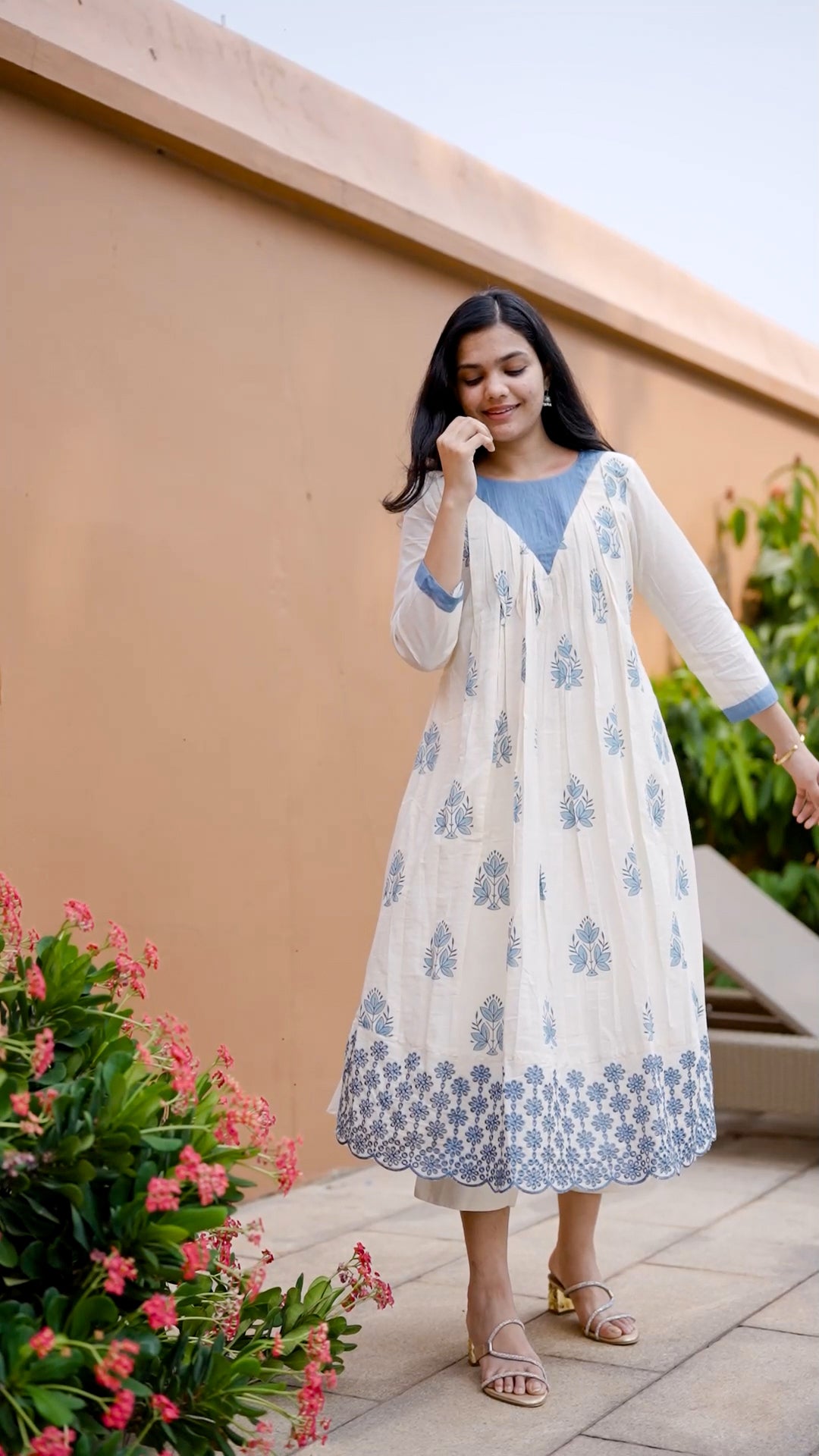 White & Blue Block Print Cotton Kurthi