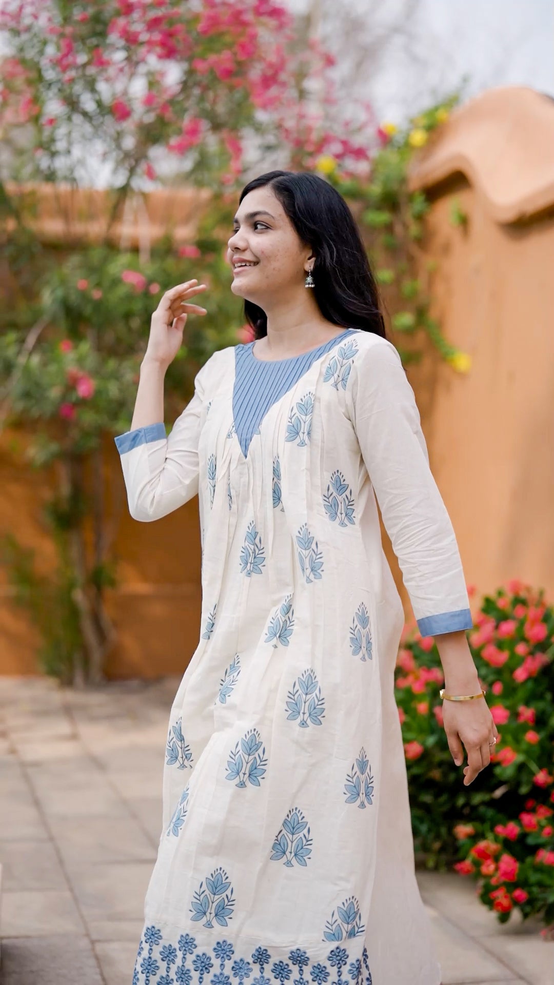White & Blue Block Print Cotton Kurthi