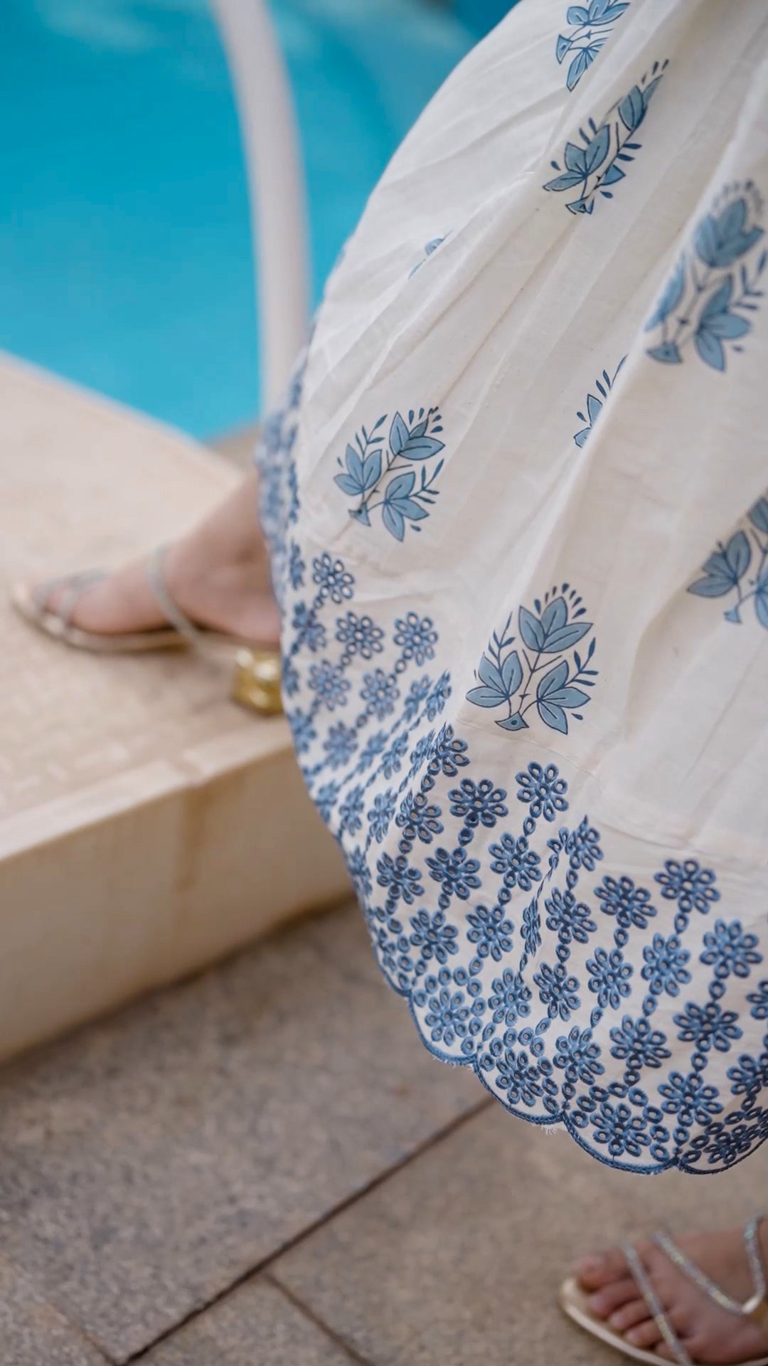 White & Blue Block Print Cotton Kurthi