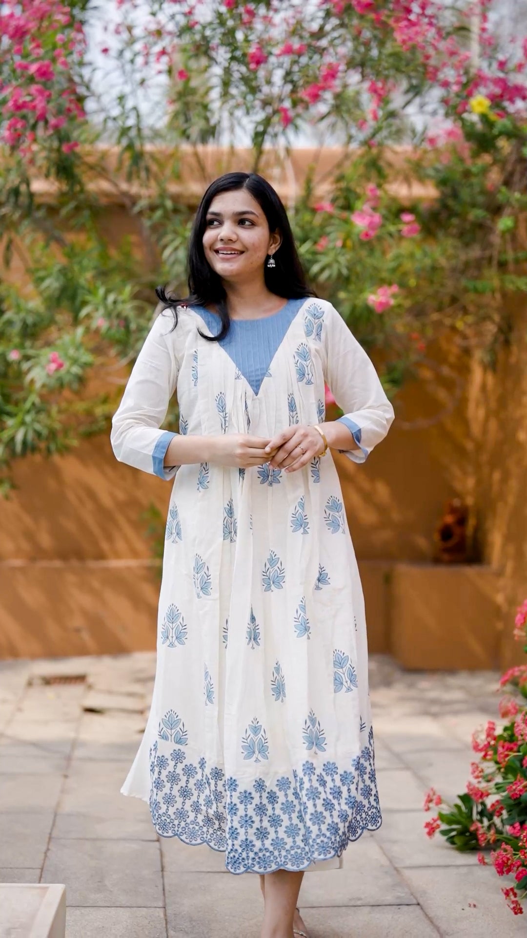 White & Blue Block Print Cotton Kurthi