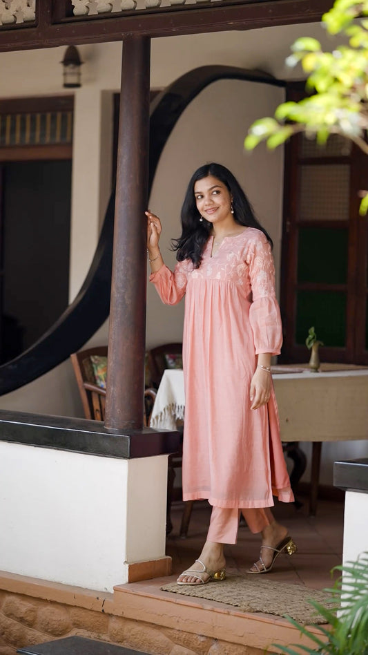 Elegant Mul Chanderi Kurthi – Soft Pastel Peach [MA03]