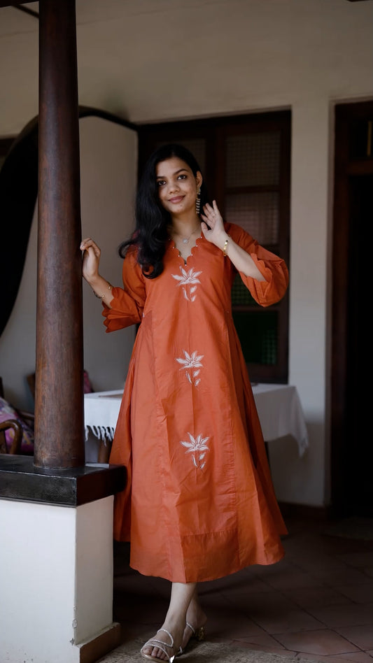 Mul Chanderi A-Line Kurti – Rust Orange Elegance [RB088]