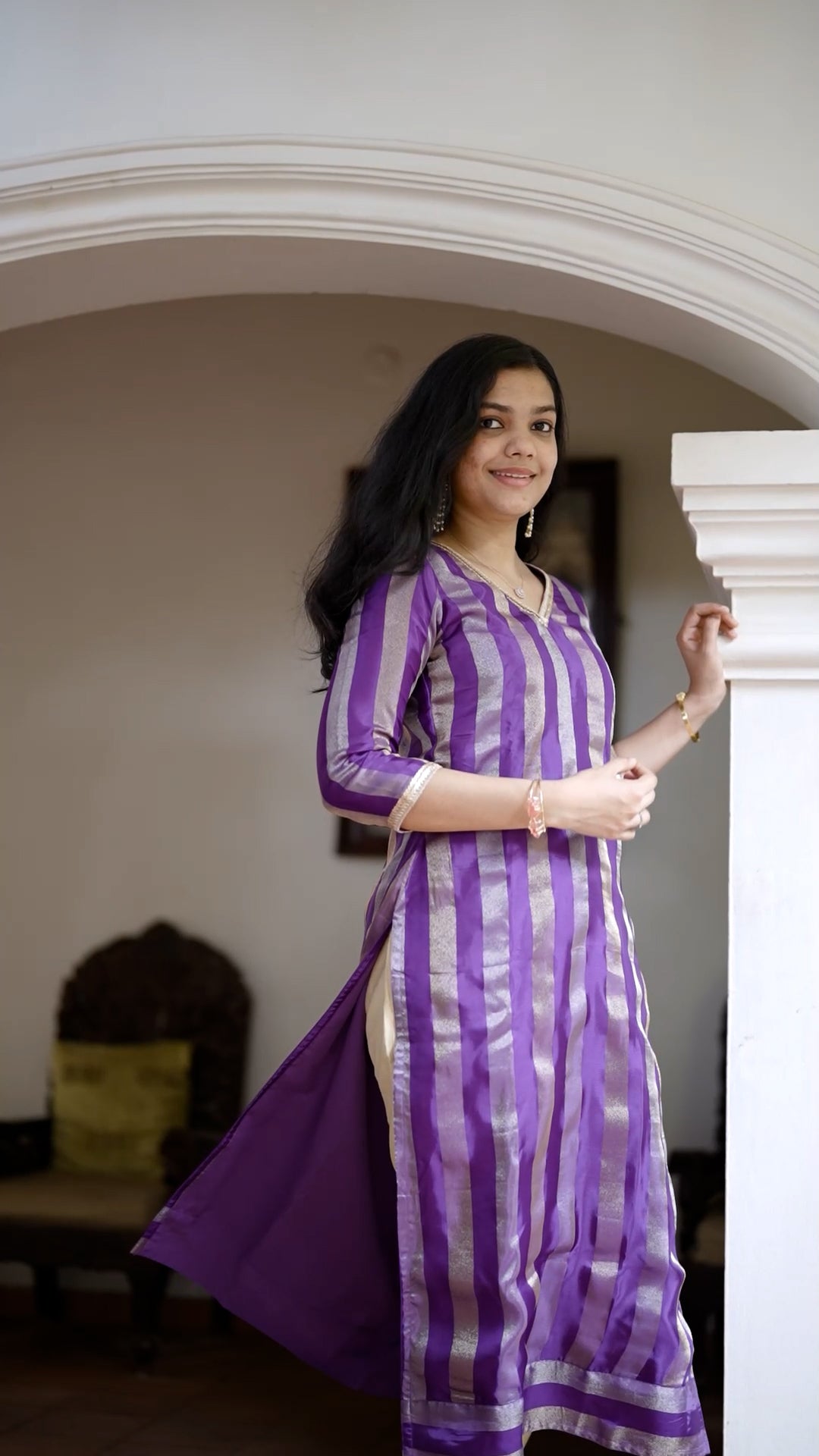 Semi Silk Striped Kurthi – Royal Purple [RP03]