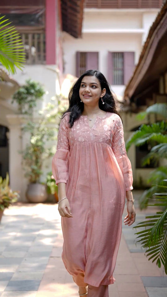 Elegant Mul Chanderi Kurthi with Palazzo Set – Pastel Peach [MA03]