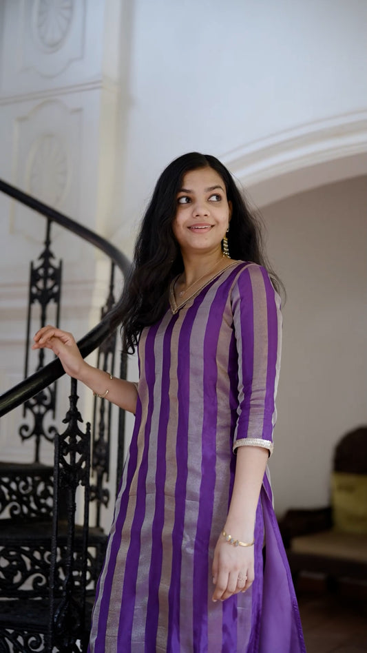 Elegant Semi Silk Striped Kurthi Palazzo Set – Royal Purple[RP03]