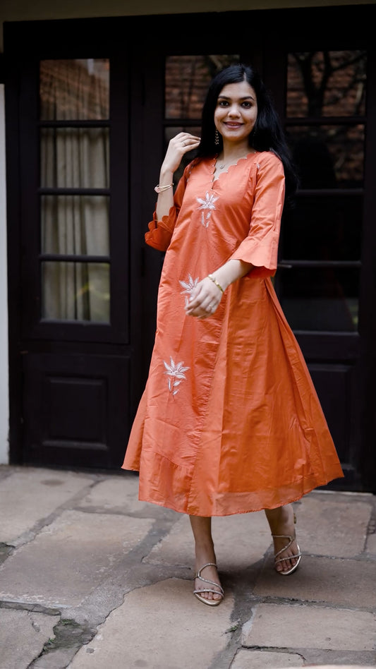 Mul Chanderi A-Line Kurti – Rust Orange Elegance [RB088]
