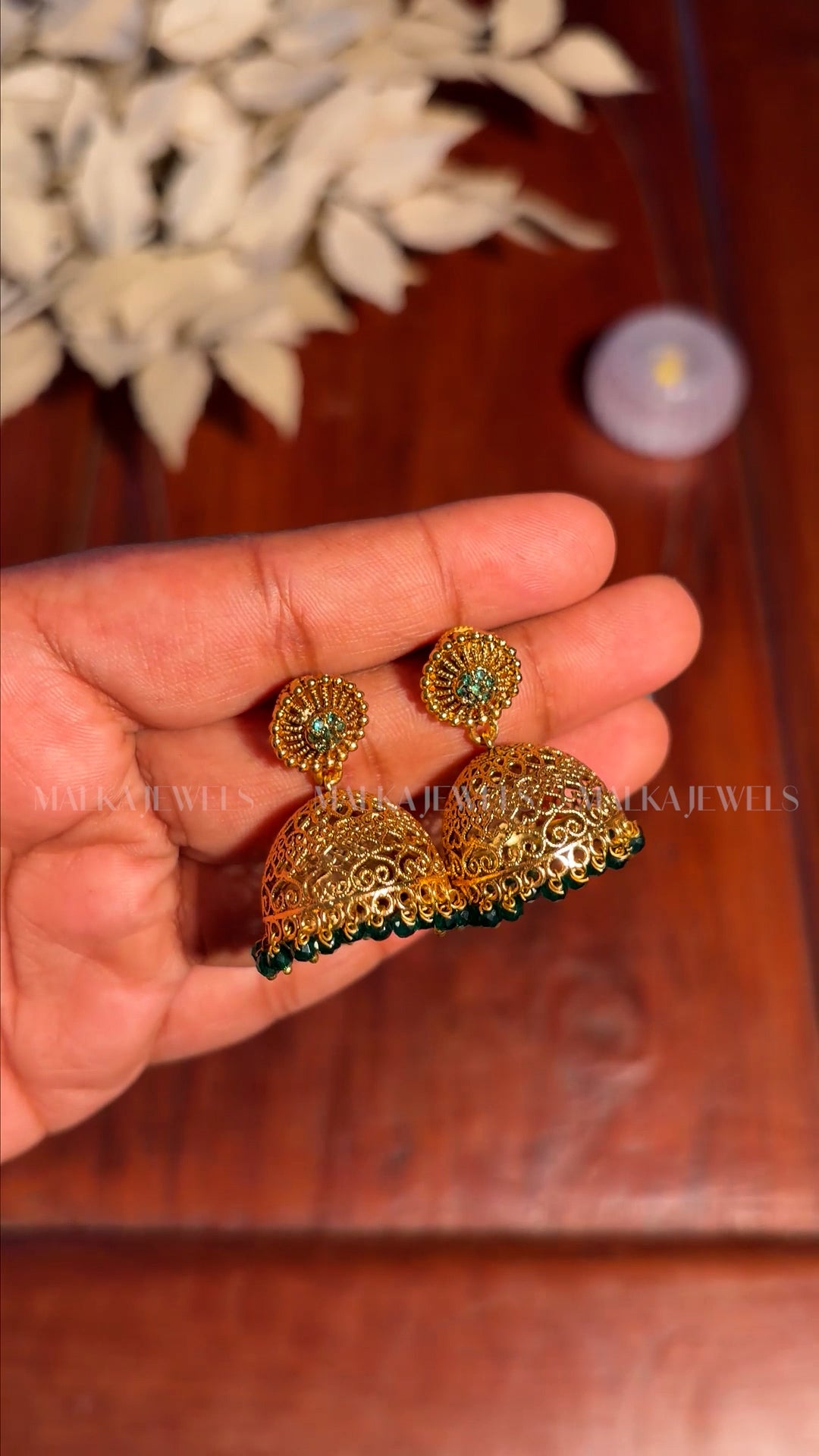 Elegant Antique Gold Jhumka Earrings with Green Beads MK05
