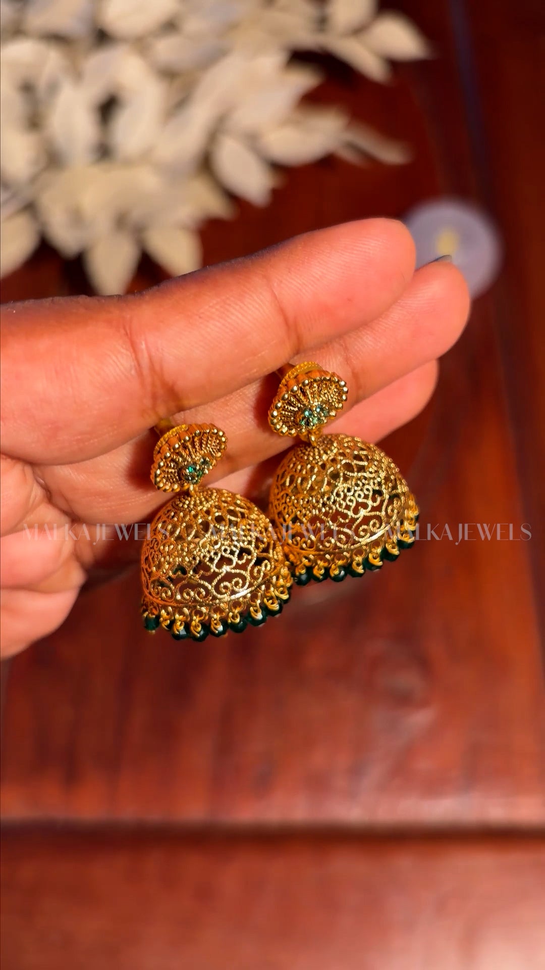 Elegant Antique Gold Jhumka Earrings with Green Beads MK05
