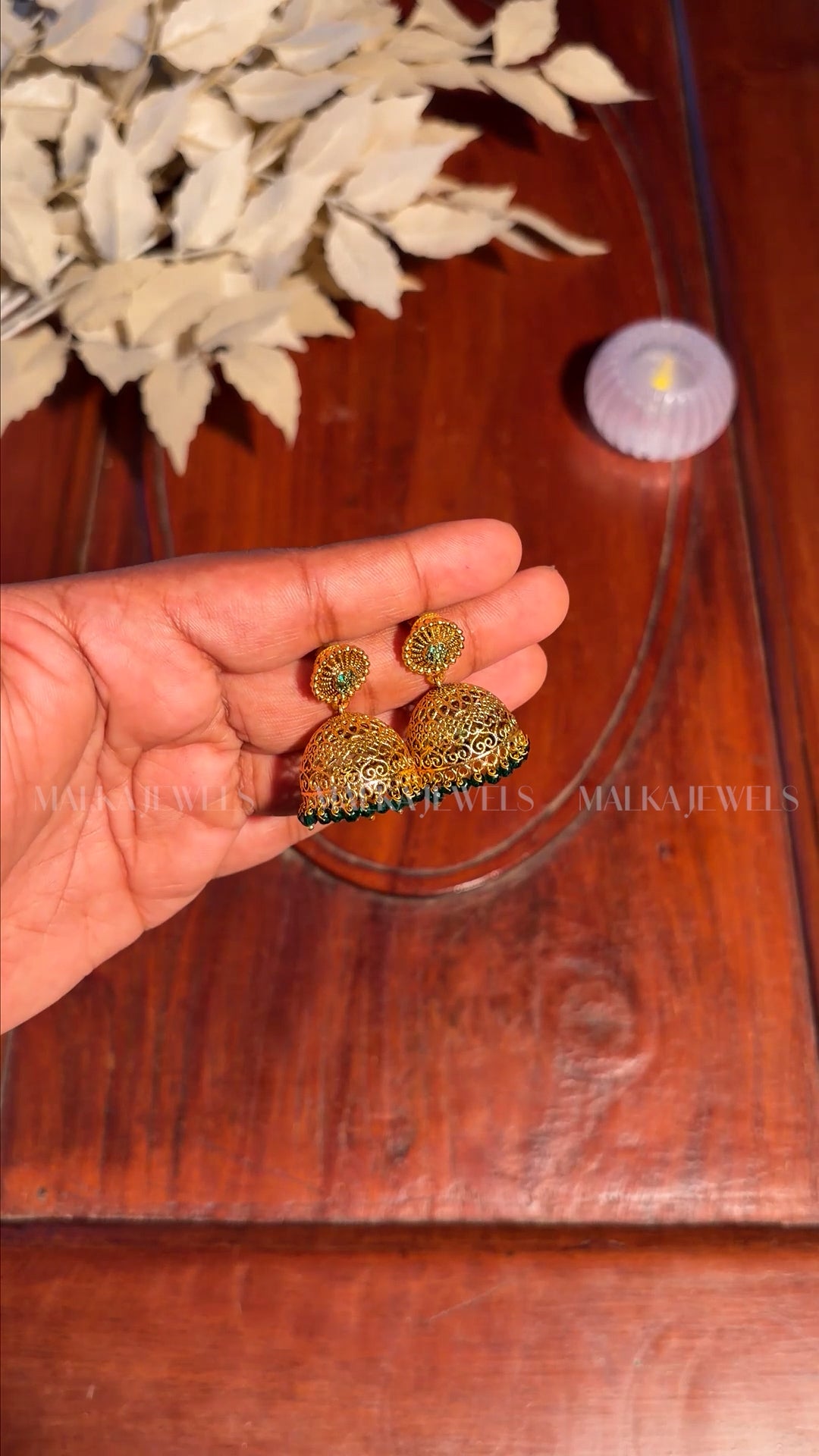 Elegant Antique Gold Jhumka Earrings with Green Beads MK05
