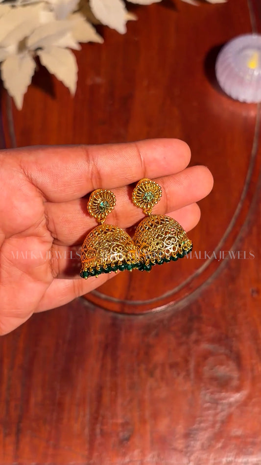 Elegant Antique Gold Jhumka Earrings with Green Beads MK05