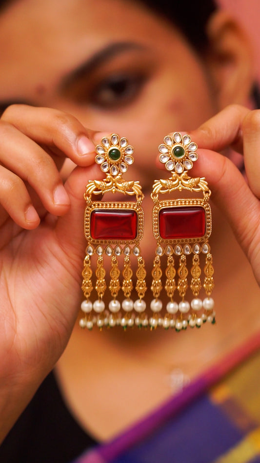 Antique Gold Finish Ruby Stone & Pearl Drop Statement Earrings [MK802]