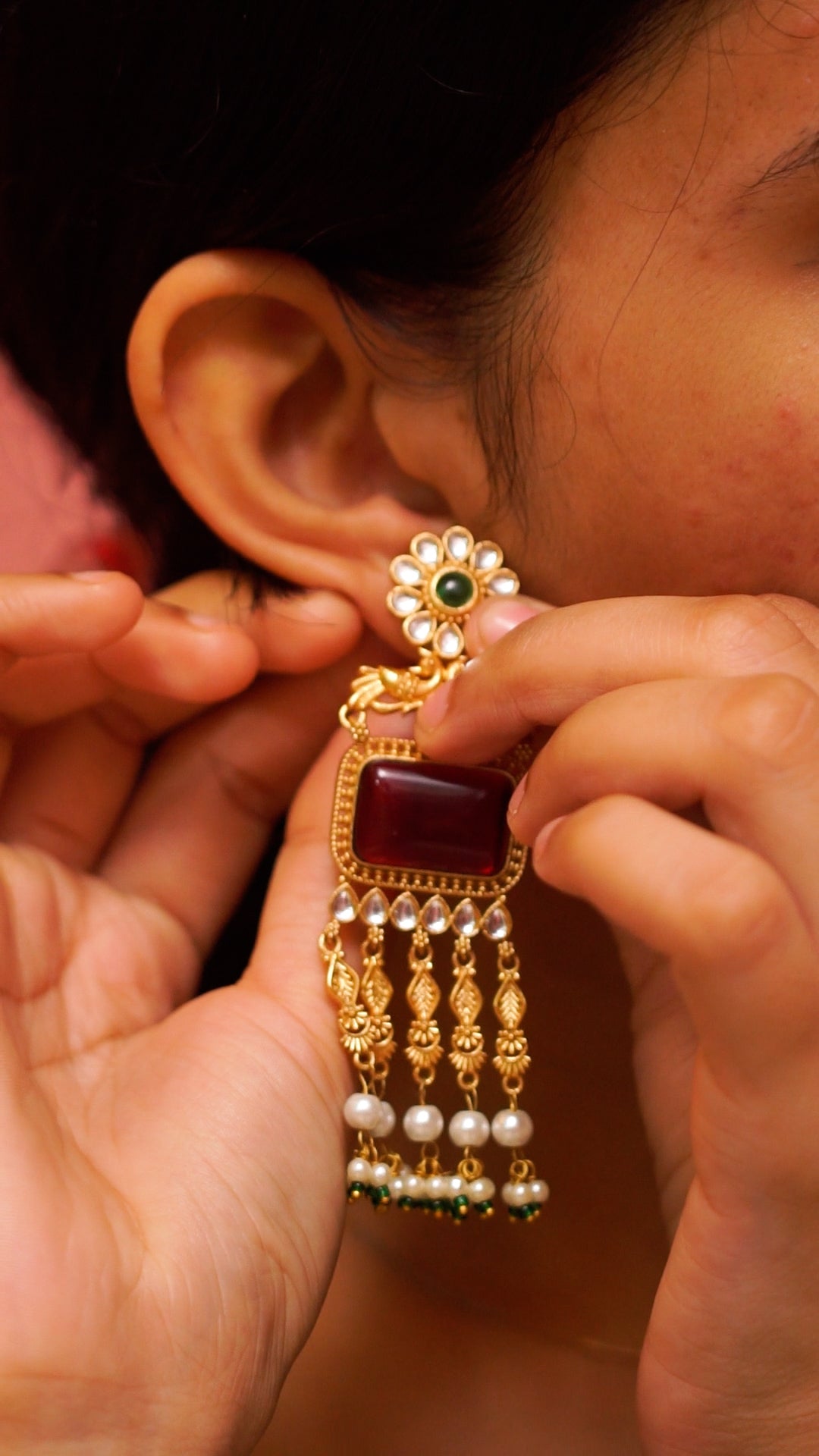 Antique Gold Finish Ruby Stone & Pearl Drop Statement Earrings [MK802]