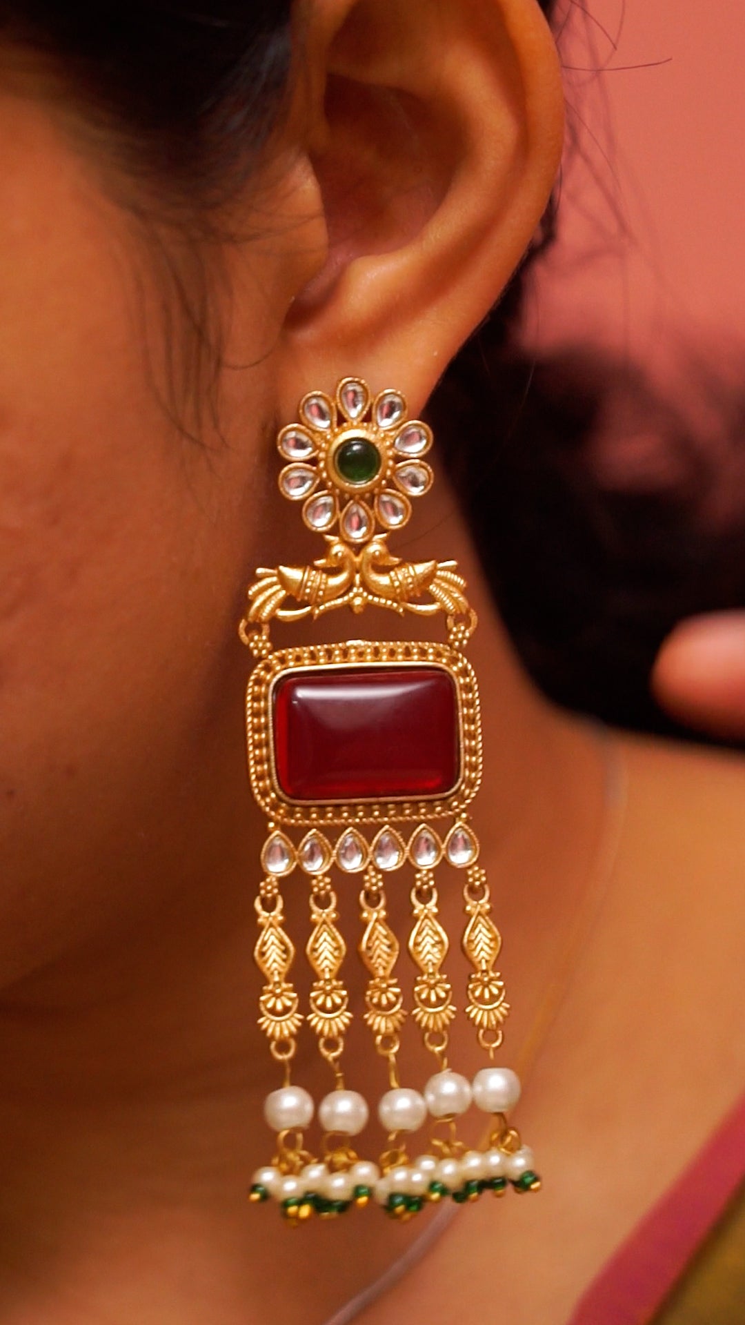 Antique Gold Finish Ruby Stone & Pearl Drop Statement Earrings [MK802]