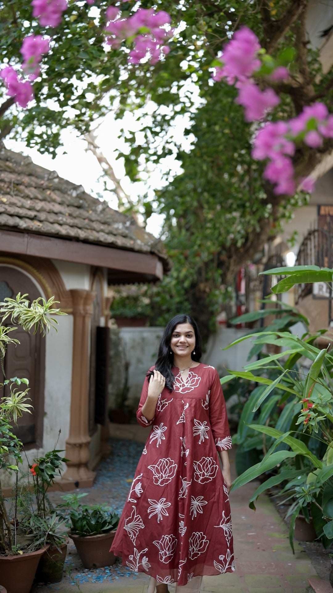 Maroon Floral Mul Chanderi Kurthi [SA32]