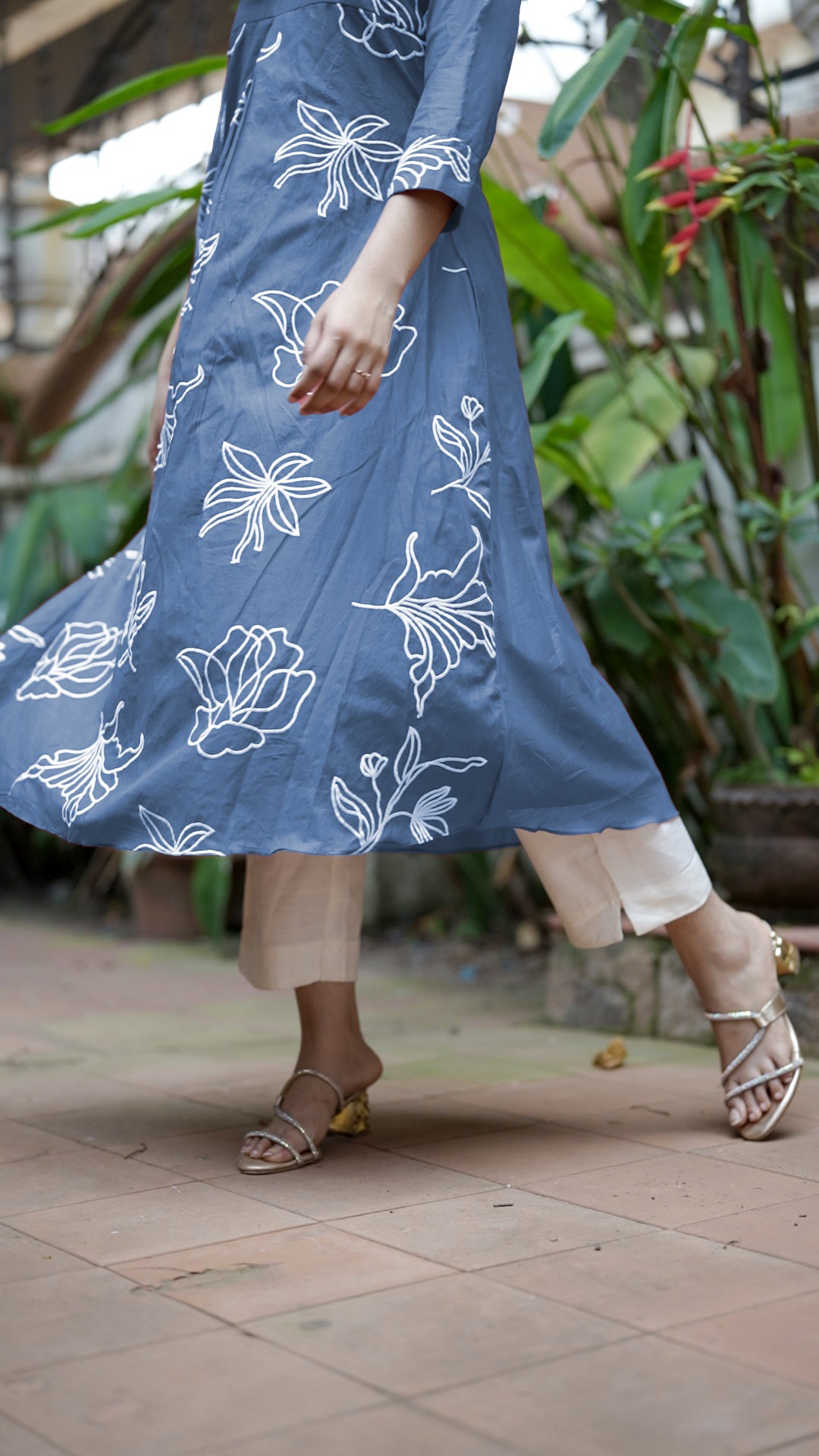 Blue Floral Mul Chanderi Kurthi