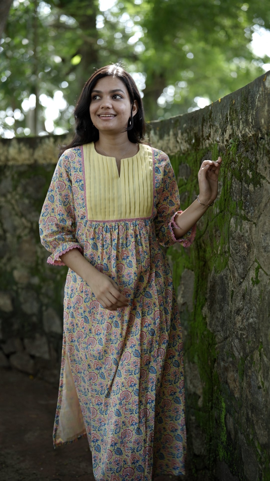Premium Floral Printed Cotton Kurthi with Pleated Front Detailing [ZD16]