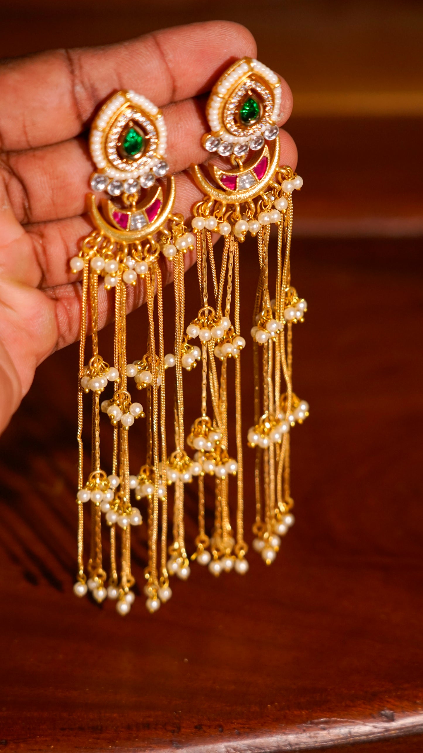 Antique Gold Pearl Tassel Earrings with Green & Ruby Stone Accents [MK02]