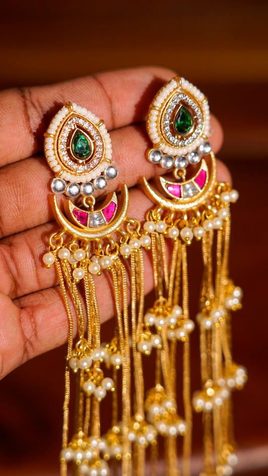 Antique Gold Pearl Tassel Earrings with Green & Ruby Stone Accents [MK02]