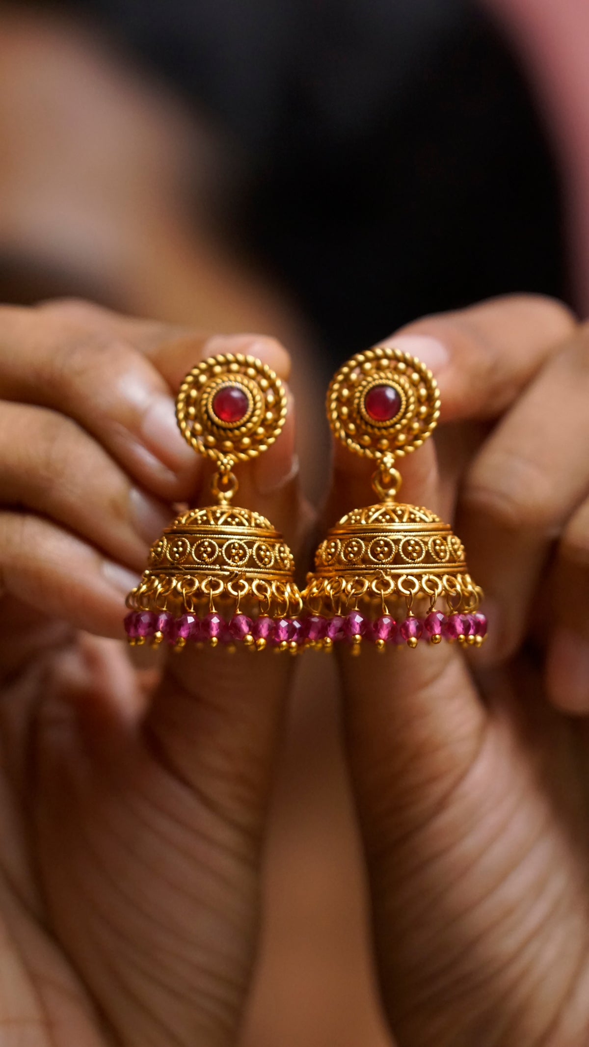 Ruby Stone Antique Gold Jhumka Earrings [J61]
