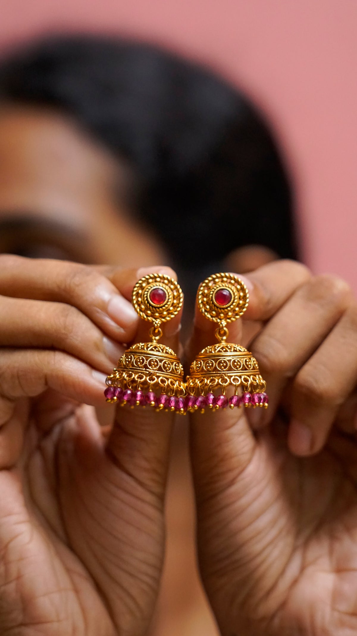 Ruby Stone Antique Gold Jhumka Earrings [J61]