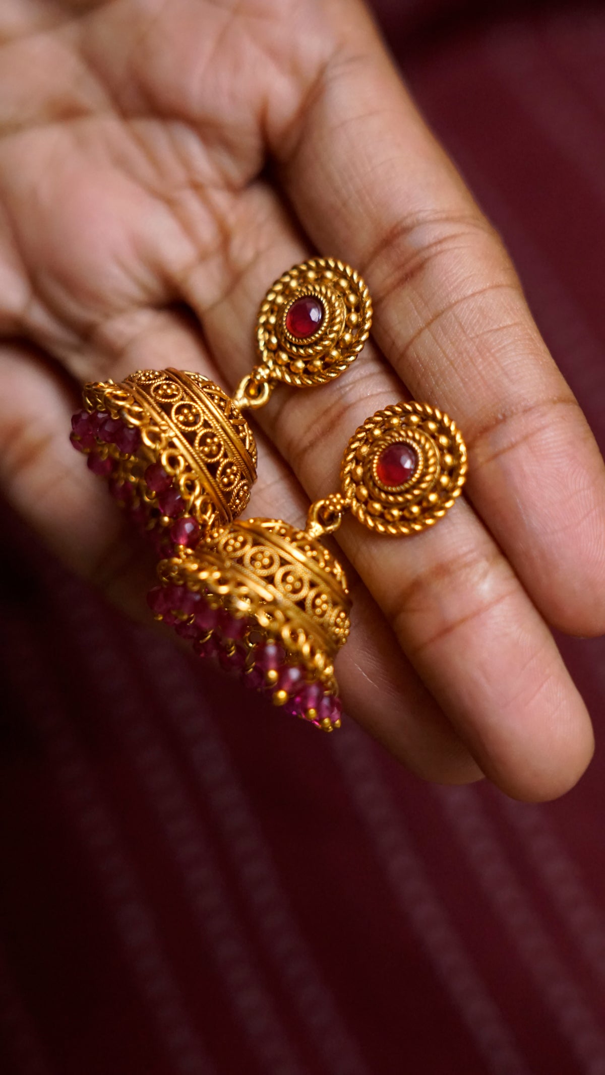 Ruby Stone Antique Gold Jhumka Earrings [J61]