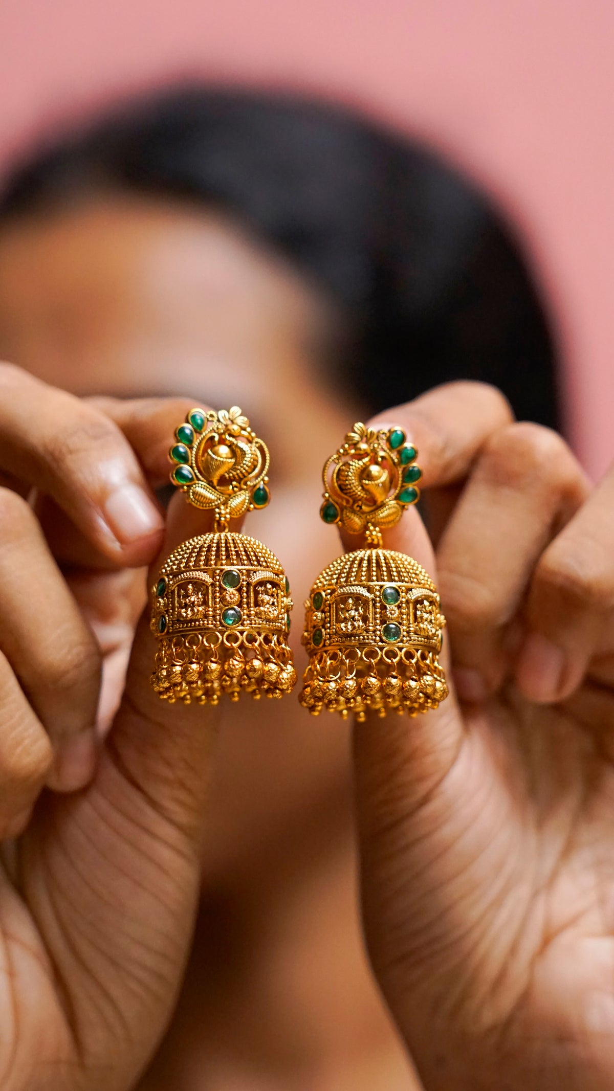Green Stone Traditional Jhumka Earrings [J77]