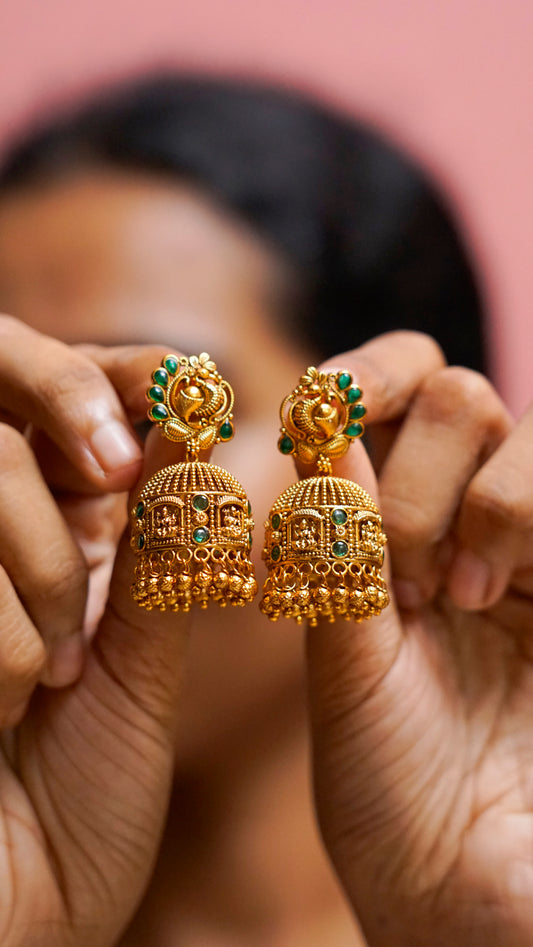Green Stone Traditional Jhumka Earrings [J77]