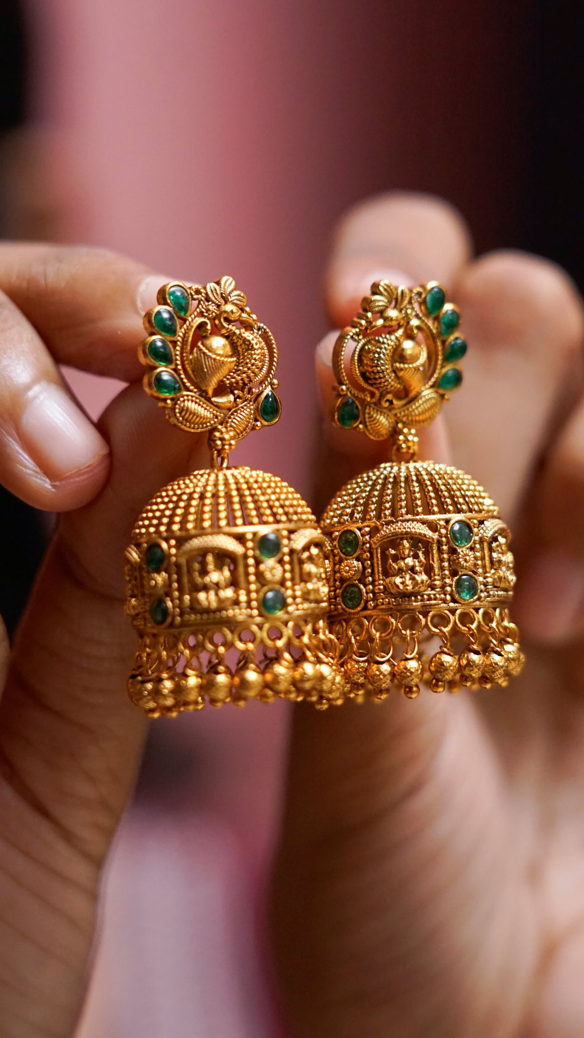 Green Stone Traditional Jhumka Earrings [J77]