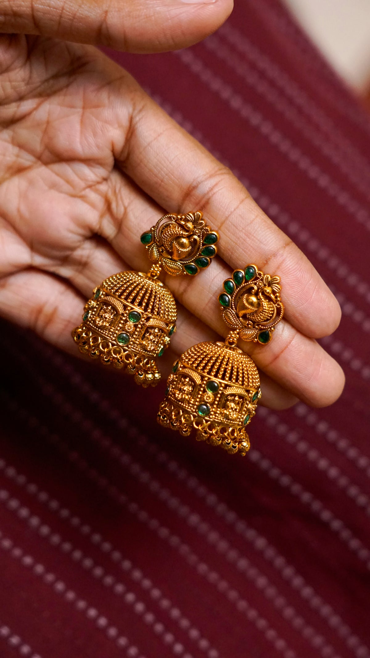 Green Stone Traditional Jhumka Earrings [J77]