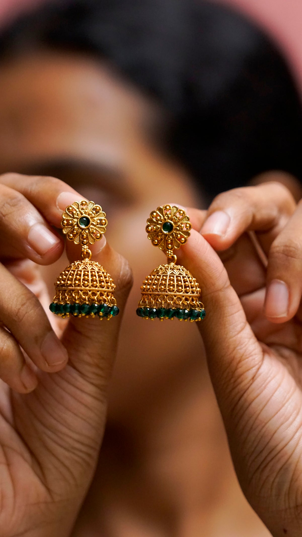 Green Stone Antique Gold Jhumka Earrings [J68]