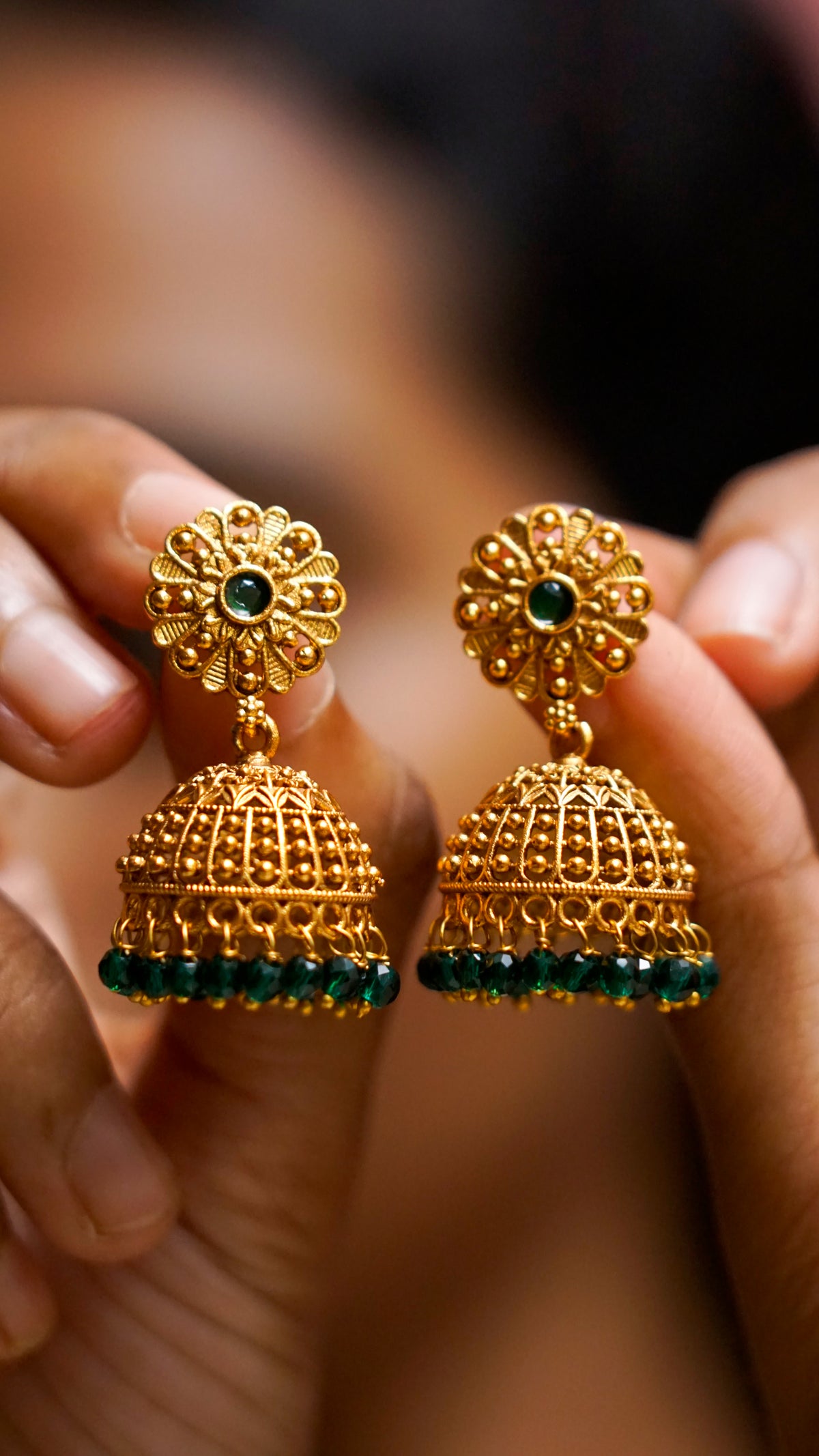 Green Stone Antique Gold Jhumka Earrings [J68]