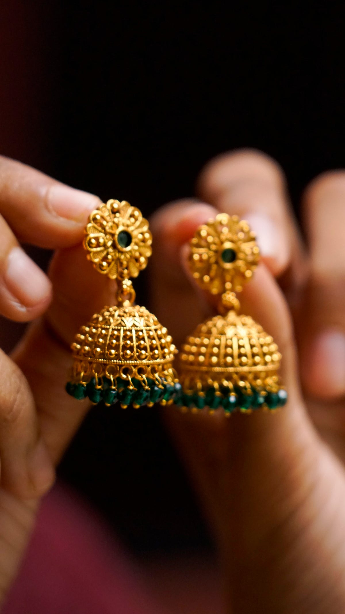 Green Stone Antique Gold Jhumka Earrings [J68]