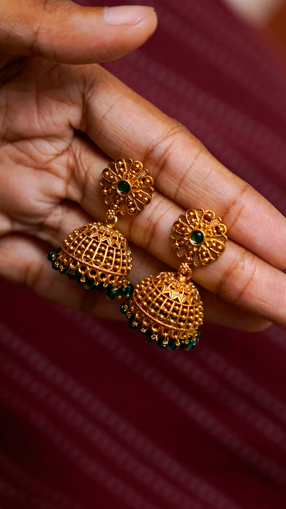Green Stone Antique Gold Jhumka Earrings [J68]