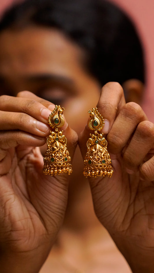 Antique Gold Peacock Jhumka Earrings [J60]