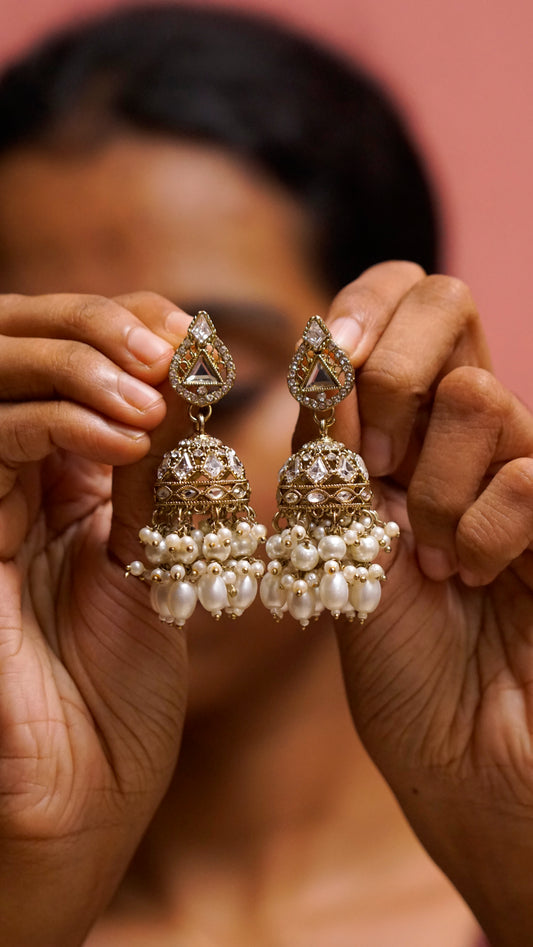 Elegant Pearl & Crystal Gold Jhumka Earrings [J59]