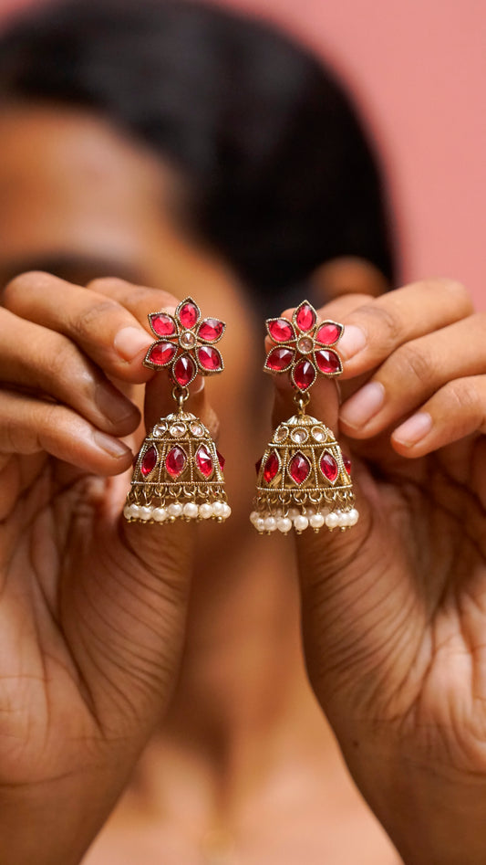 Pink Stone Floral Jhumka Earrings [J55]
