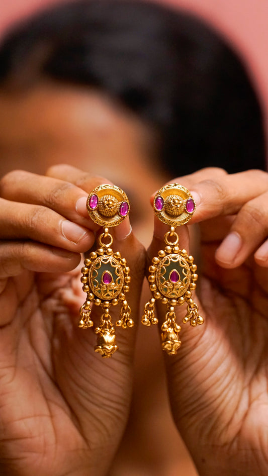 Antique Gold Ruby Stone Drop Earrings [J71]
